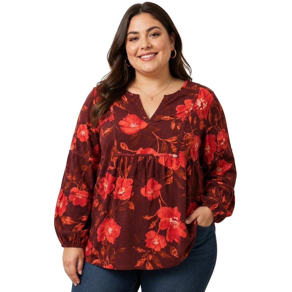 Sonoma velour red whimsigoth babydoll relaxed long sleeve top 3X burgundy EUC